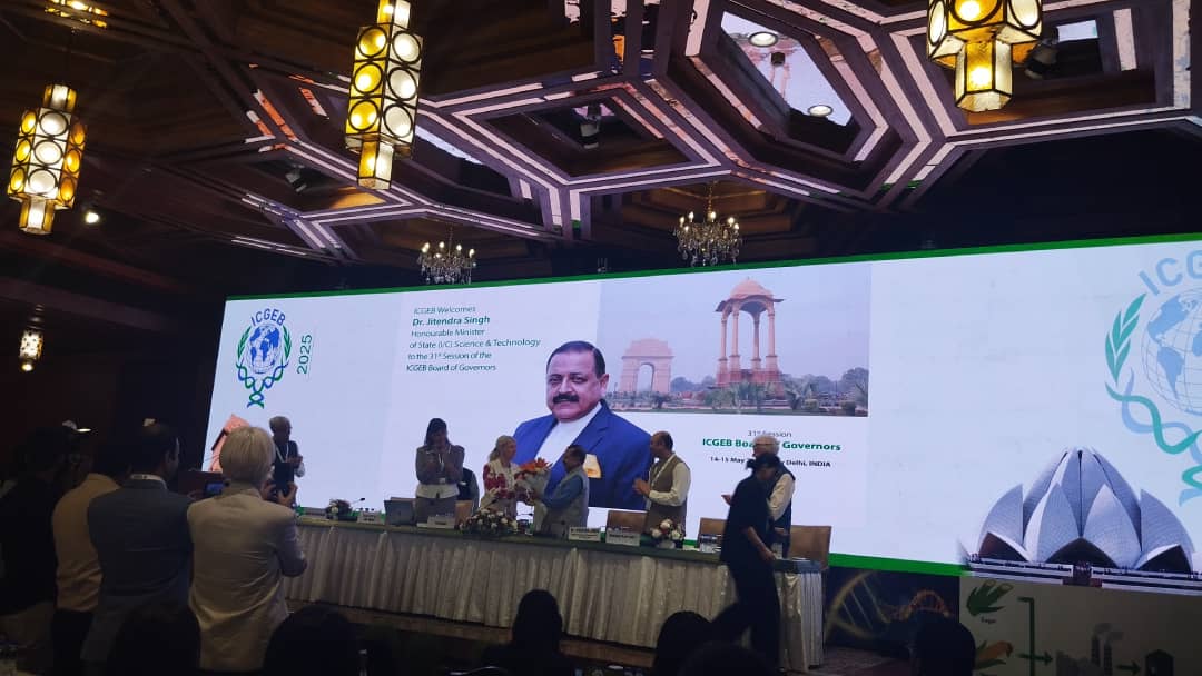 Presentation screen at the 31st ICGEB Board of Governors Meeting welcoming Dr. Jitendra Singh, Honourable Minister of State for Science & Technology, India.